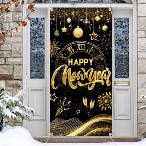New Years Decorations 2025 Door Cover, Black and Gold Happy New Year Door Banner New Year Front Porch Hang Door Cover, New Year Door New Years Eve Door Banner for New Years Eve Party Supplies