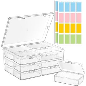 Small Bead Organizers and Storage, 12 Clear Plastic Boxes with Hinged Lids, for Beads, Jewelry Making, Crafts, Hardware, Fishing Tackle, Small Parts (32 Labels)