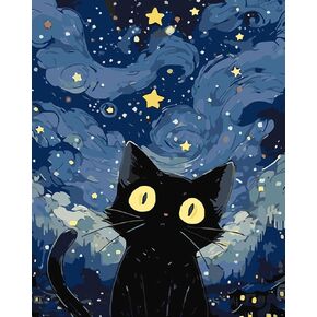 Paint by Number Kits for Adults，Black Cat Starry Sky DIY Paint on Canvas Oil Painting Art Crafts with 3 Paint Brushes Home Wall Décor, 16" x 20"