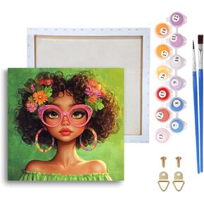 Ginfonr Framed Paint by Numbers Kit for Adults, African Women Acrylic Painting on Canvas, African Oil Painting for Beginner with Brushes, Adults Paint-by-Number for Home Wall Decor (8x8inch)