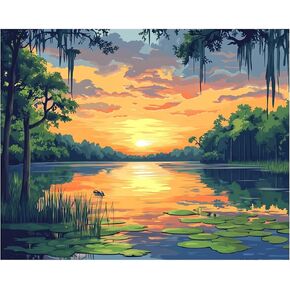 Caddo Lake Paint by Number for Adults, Texas Landscape Acrylic Paintings, Lakes Sunset Scenery Wall Art, Green Trees Paint by Numbers Kits, Home Wall Decor(16x20inch)