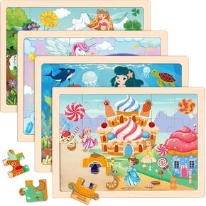 Wooden Princess Puzzles for Kids Age 3 4 5 Year Old, 4 Pack 24 Pcs Montessori Toddler Jigsaw Puzzles for Girl boy Activities Preschool Learning Educational Birthday Gift Travel Autistic Wooden Toys