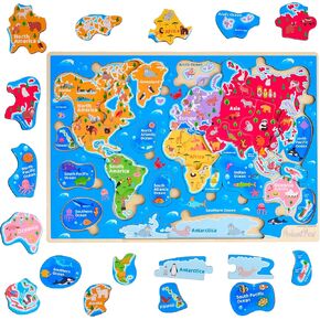 Montessori Mama Wooden USA Map Puzzle and World Continents and Oceans Map Puzzle (World Map Puzzle)
