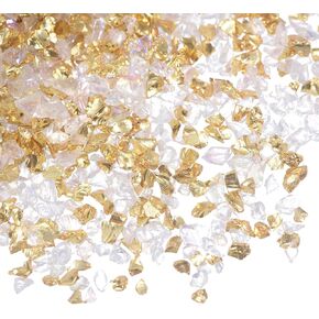 HARFINGTON 40g Crushed Glass Chips 1-3mm Shiny Electroplating Irregular Broken Sprinkles Chunky Glass for Crafts DIY Resin Art Decoration Vase Filler, Gold White