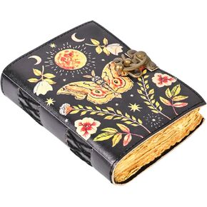 Blank Spell Book of Shadows Journal with Vinatge Lock Clasp Leather Journal Luna Moth and Morpho Butterfly print Aesthetic Writing Notebook Diary With Antique Deckle Edge Paper Witchcraft Supplies Wiccan Decor and Christmas Gift Ideal For Men & Women
