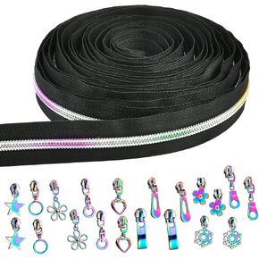Elesunory #5 Rainbow Zipper Tape by The Yard 10 Yard Rainbow Teeth Nylon Zipper with 20 Pcs Colorful Metal Slider Pulls (10 Styles) for DIY Sewing Tailor Crafts, Black