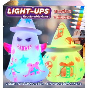 OUMYQ Paint Your Own Ghost and Pumpkin Lamp Kit, DIY 3D Night Light, 6 Washable Markers, Arts & Crafts Kit, Kids Ages 8-12, Birthday Gift (Ghost & Pumpkin)