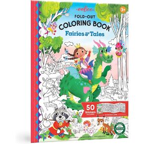 eeBoo: Fairies & Tales Fold-Out Coloring Book with Stickers, Includes 50 Full-Color Stickers, Folds Out for 39" of Coloring, Kids Activity Ages 3+