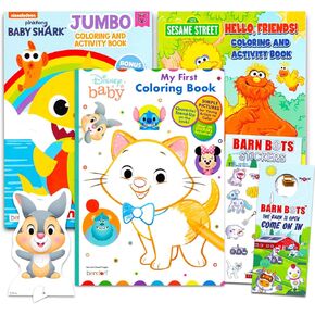 My First Coloring Book Set Ages 1-3 - Jumbo 3 Book Bundle with Mickey Mouse, Sesame Street, Baby Shark, Stickers | Baby Beginning Coloring Books for Toddlers