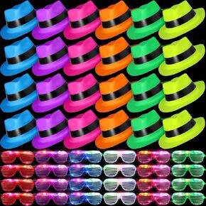 48 Pieces Neon Party Supplies 24 Pack Neon Style Gangster Fedora Dress Hats with 24 Pack Flashing Plastic Light up Glasses for Glow Halloween Party Women Girls Costume 80's Style Dressing up Party