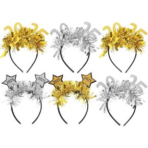 LUOZZY 6Pcs 2025 Happy New Year Headbands Tiara Glitter Star Sequin Headband 2025 Hair Hoops New Year Eve Party Favors Supplies, Gold and Silver