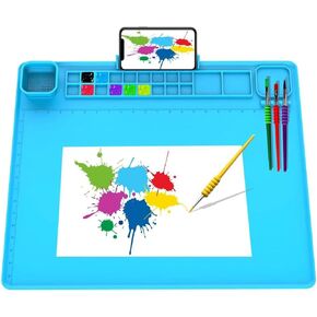 SQQEXPLOR Silicone Painting Mat for Kids, 23.6" x 19.6" Extra Large Painting Station with Cleaning Cup, Washable Drawing Mat for Children Non Slip, Craft Art Mat for Resin, DIY, Clay, Play Doh, Blue