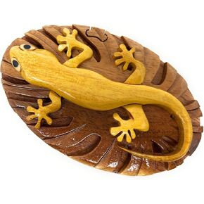 Gecko, All Natural Wood Puzzle Box, Handcrafted with Hidden Compartment and Key, Exotic Intarsia Wood Art