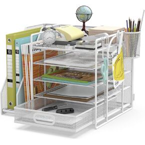 HUHOLE 5 Tier Desk Organizer with File Holder, Pink Mesh Paper Letter Tray Organizer with File Clip, USB Clip, Wire Desk Accessories & Workspace Organizers for Office Supplies or School Supplies