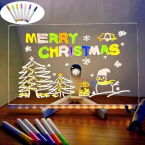 LED Note Board with 7 Colors Pen, Lighted Acrylic Dry Erase Board, 5.9 X 5.9" Glowing Acrylic Message Marker Board, LED Illuminated Drawing Board Light Up Dry Erase Board for Office School Home