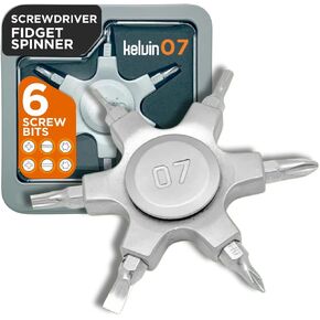 Kelvin Tools Kelvin 07 Fidget Spinner Multitool - مفك جيب دوار متعدد مع ستة رؤوس فولاذية كرومولي، مفك براغي متعدد القطع للبالغين، يتضمن 2 مستقيم، 2 فيليبس، 2 لقم توركس