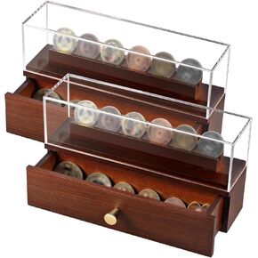 2 Pcs Challenge Coin Display Case for Christmas Party Gifts 11.8 x 6.3 x 3.3 Inches Wooden Military Medal Coin Holder Stand Coin Collection Box with Clear Acrylic Lid for Coins Collectors