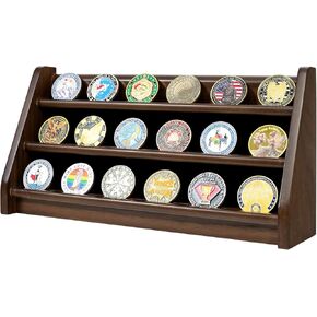 Challenge Coin Display Case, 5 Rows Military Wooden Holder Stand Holds 45 Coins for Wall or Desk Display, Coin Rack for Coin Collection