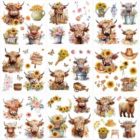 Highland Cow Rub on Transfers for Crafts - Rngmsi 9 Sheets Sunflower Rub on Transfer Stickers for Furniture Butterfly Rub on Transfers for Wood Glass Scrapbook DIY Home Decor 6.5x6.5 Inch in Kuwait