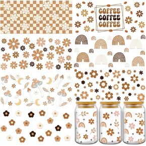 UV DTF Cup Wrap - 8 Sheets Boho UV DTF Cup Wraps for 16 oz, Pink Coffee Mushroom Flower Rainbow Uvdtf Decals, Groovy Waterproof Rub on Transfer Stickers for Glass, DIY Wood Crafts