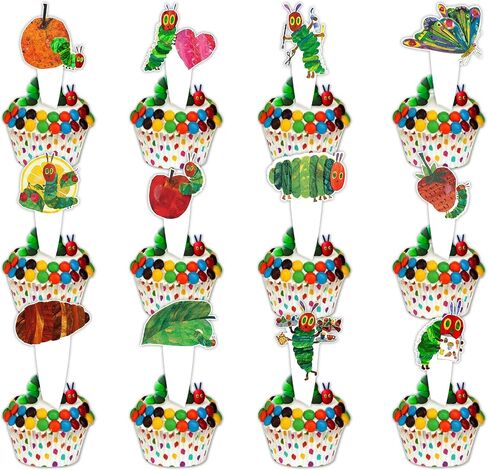 24pcs Dessert Cupcake Topper Cheer to Reading Story Hungry Caterpillar Butterfly Theme Decor Supplies Baby Shower Boys Girls Happy Birthday Decorations in Saudi Arabia