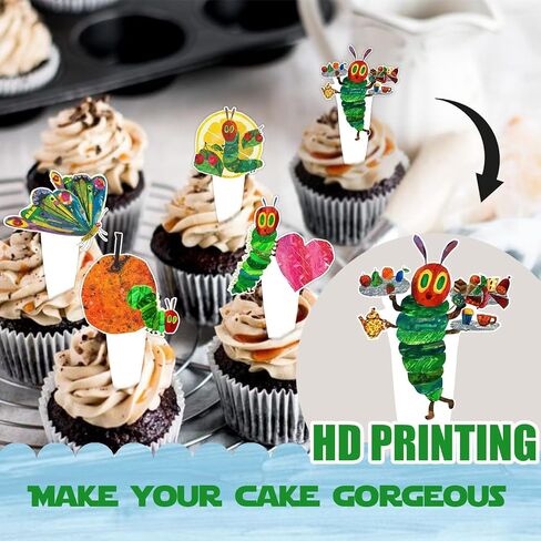 24pcs Dessert Cupcake Topper Cheer to Reading Story Hungry Caterpillar Butterfly Theme Decor Supplies Baby Shower Boys Girls Happy Birthday Decorations in Saudi Arabia