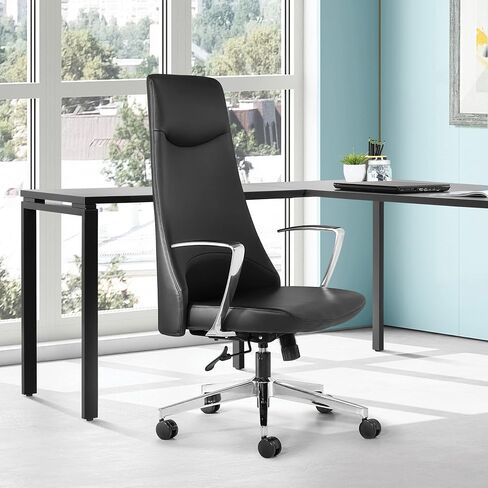 Office Star Antimicrobial Vinyl Adjustable High Back Office Desk Chair with Fixed Padded Aluminum Arms and Chrome Base, Dillon Black in Kuwait