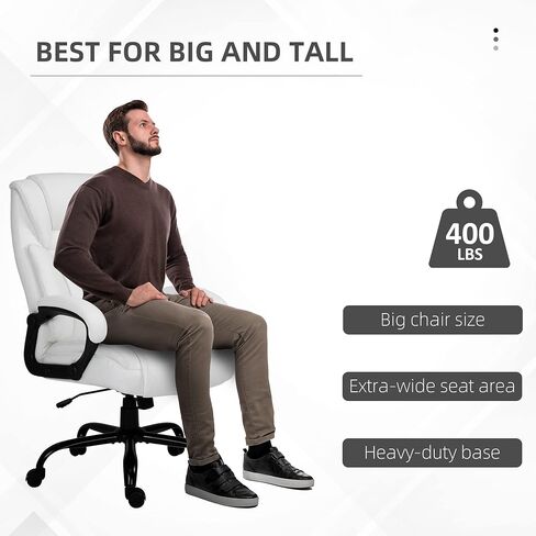 Vinsetto Big and Tall 400lbs Executive Office Chair with Wide Seat, Computer Desk Chair with High Back PU Leather Ergonomic Upholstery, Adjustable Height and Swivel Wheels, White in Saudi Arabia