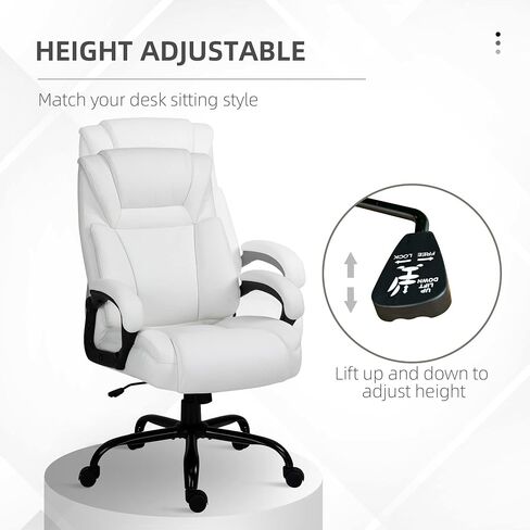 Vinsetto Big and Tall 400lbs Executive Office Chair with Wide Seat, Computer Desk Chair with High Back PU Leather Ergonomic Upholstery, Adjustable Height and Swivel Wheels, White in Saudi Arabia