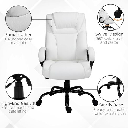 Vinsetto Big and Tall 400lbs Executive Office Chair with Wide Seat, Computer Desk Chair with High Back PU Leather Ergonomic Upholstery, Adjustable Height and Swivel Wheels, White in Saudi Arabia