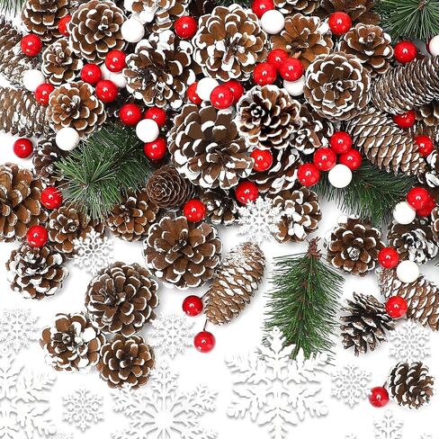 hatisan 115Pcs Christmas Pine Cones Berry Pine Branch Set White Christmas Decorations for DIY Crafts Home Xmas Tree Gift Party Supplies, Assorted Sizes in Saudi Arabia
