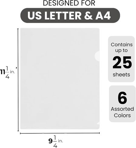 Letter Sized Poly Sleeves - 24 Pack, 6 Assorted Colors, Heavyweight for Sheets 8.5"x11", Project Pockets, Plastic Sleeves for documents Folders with L-Type, Page Protectors, Acid-Free in Saudi Arabia