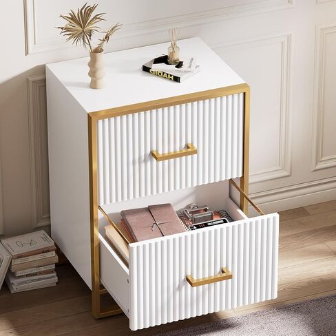 DWVO 28 Deep 2-Drawer File Cabinet, Vertical Filing Cabinet with Drawers, Home Office Storage Furniture, Gold and White in Saudi Arabia