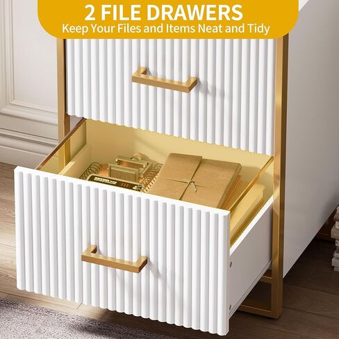 DWVO 28 خزانة ملفات عميقة ذات درجين، خزانة ملفات عمودية مع أدراج، أثاث تخزين المكاتب المنزلية، ذهبي وأبيض in Kuwait