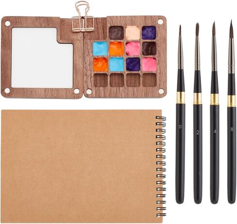 PH PandaHall 7Pcs Portable Watercolor Palette with Clip 15 Color Wooden Grid Palette Box, Mini Travel Watercolor Supplies A5 Paper Sketchbook 4 Artist Paint Brushes Set with Protective Case in Saudi Arabia