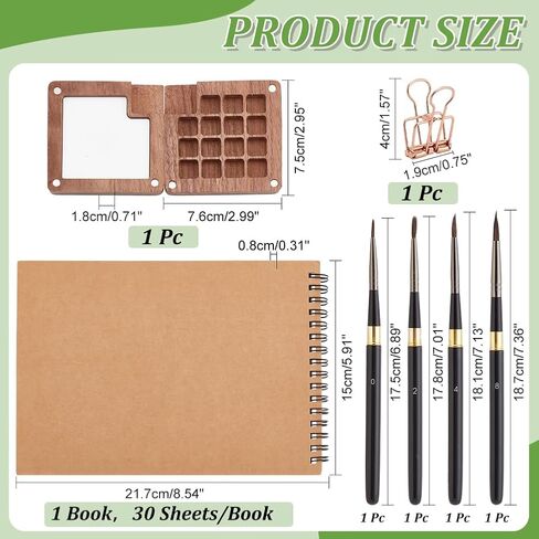 PH PandaHall 7Pcs Portable Watercolor Palette with Clip 15 Color Wooden Grid Palette Box, Mini Travel Watercolor Supplies A5 Paper Sketchbook 4 Artist Paint Brushes Set with Protective Case in Saudi Arabia