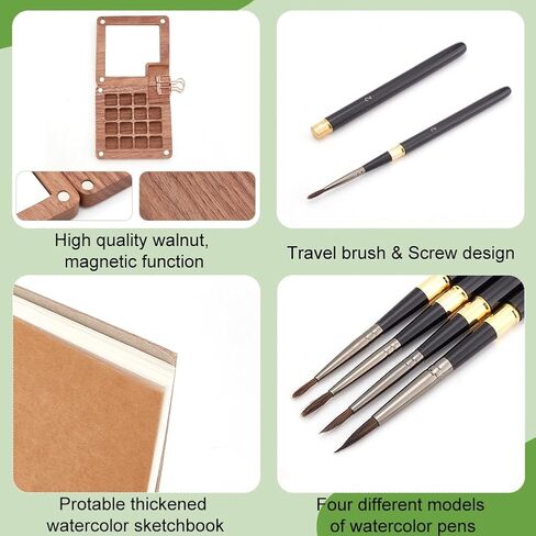 PH PandaHall 7Pcs Portable Watercolor Palette with Clip 15 Color Wooden Grid Palette Box, Mini Travel Watercolor Supplies A5 Paper Sketchbook 4 Artist Paint Brushes Set with Protective Case in Saudi Arabia
