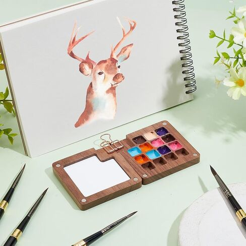 PH PandaHall 7Pcs Portable Watercolor Palette with Clip 15 Color Wooden Grid Palette Box, Mini Travel Watercolor Supplies A5 Paper Sketchbook 4 Artist Paint Brushes Set with Protective Case in Saudi Arabia