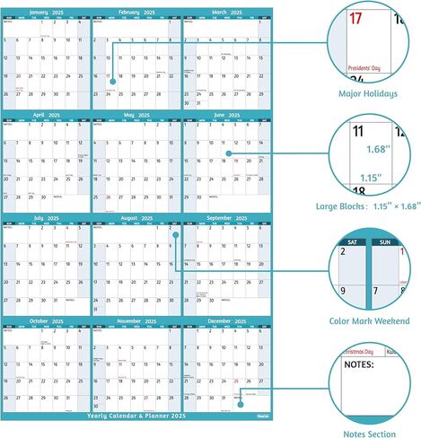 تقويم حائط سنوي 2025 - تقويم سنوي كبير 2025، 25.2 بوصة × 38.2 بوصة (مفتوح)، يناير 2025 - ديسمبر 2025، تقويم 2025، تقويم حائط كبير 2025، تقويم ورقي كامل للعام مع ملاحظات، ورق أكثر سمكًا، ملصقات in Kuwait