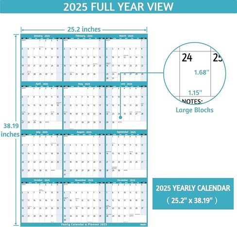 تقويم حائط سنوي 2025 - تقويم سنوي كبير 2025، 25.2 بوصة × 38.2 بوصة (مفتوح)، يناير 2025 - ديسمبر 2025، تقويم 2025، تقويم حائط كبير 2025، تقويم ورقي كامل للعام مع ملاحظات، ورق أكثر سمكًا، ملصقات in Kuwait