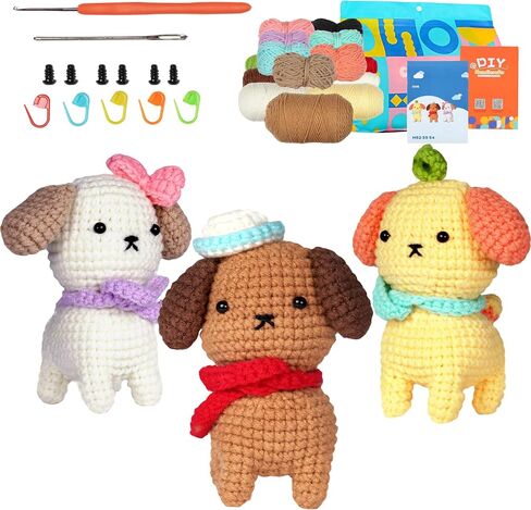 YUSOHOUSE Crochet Kit for Beginners, Crochet Starter Kits for Adults and Kids, DIY Animal Craft Knitting Crochet Kits Gift with Step-by-Step Video Tutorials, 3 PCS Dogs Family in Saudi Arabia