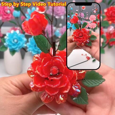 Peonies Artificial Flowers Making Kits with Video Tutorials,Use Acrylic Beads Flowers Set to Make Your Own Flower Bouquet Kit,DIY Handmade Flowers Bouquet Kit(Red) in Saudi Arabia