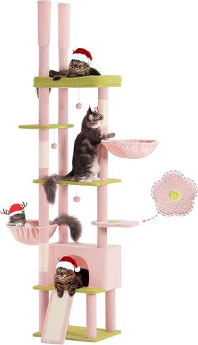 Large Cat Tree Floor to Ceiling for Large Cats, Tall Cat Tower Adjustable (87''-108''=220-274cm), Cat Climb Tree with Cat Condo, Cat Hammock and Scratching Post for Indoor Cats - Cactus in Saudi Arabia