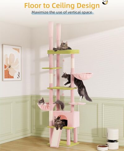 Large Cat Tree Floor to Ceiling for Large Cats, Tall Cat Tower Adjustable (87''-108''=220-274cm), Cat Climb Tree with Cat Condo, Cat Hammock and Scratching Post for Indoor Cats - Cactus in Saudi Arabia