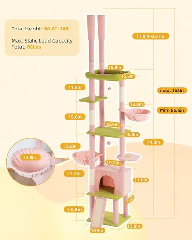 Large Cat Tree Floor to Ceiling for Large Cats, Tall Cat Tower Adjustable (87''-108''=220-274cm), Cat Climb Tree with Cat Condo, Cat Hammock and Scratching Post for Indoor Cats - Cactus in Saudi Arabia
