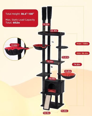 Large Cat Tree Floor to Ceiling for Large Cats, Tall Cat Tower Adjustable (87''-108''=220-274cm), Cat Climb Tree with Cat Condo, Cat Hammock and Scratching Post for Indoor Cats - Cactus in Saudi Arabia