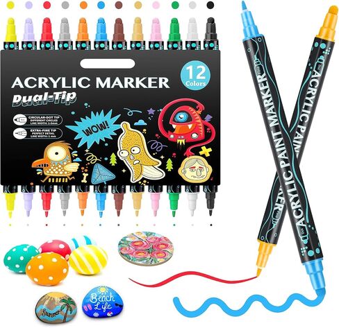12 Colours Acrylic Paint Pens Markers, Dual Tip Premium Paint Markers for Rocks, Wood, Stone, Canvas, Glass, Ceramic Surfaces, Acrylic Markers for Diy Crafts Making Art Supplies in Saudi Arabia