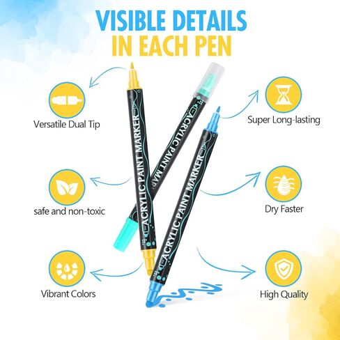 12 Colours Acrylic Paint Pens Markers, Dual Tip Premium Paint Markers for Rocks, Wood, Stone, Canvas, Glass, Ceramic Surfaces, Acrylic Markers for Diy Crafts Making Art Supplies in Saudi Arabia