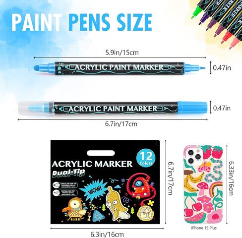 12 Colours Acrylic Paint Pens Markers, Dual Tip Premium Paint Markers for Rocks, Wood, Stone, Canvas, Glass, Ceramic Surfaces, Acrylic Markers for Diy Crafts Making Art Supplies in Saudi Arabia