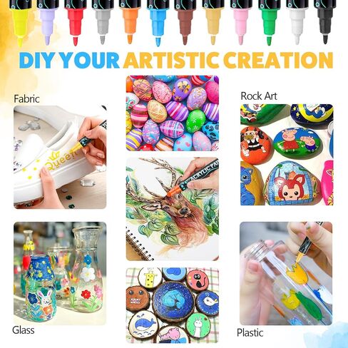 12 Colours Acrylic Paint Pens Markers, Dual Tip Premium Paint Markers for Rocks, Wood, Stone, Canvas, Glass, Ceramic Surfaces, Acrylic Markers for Diy Crafts Making Art Supplies in Saudi Arabia